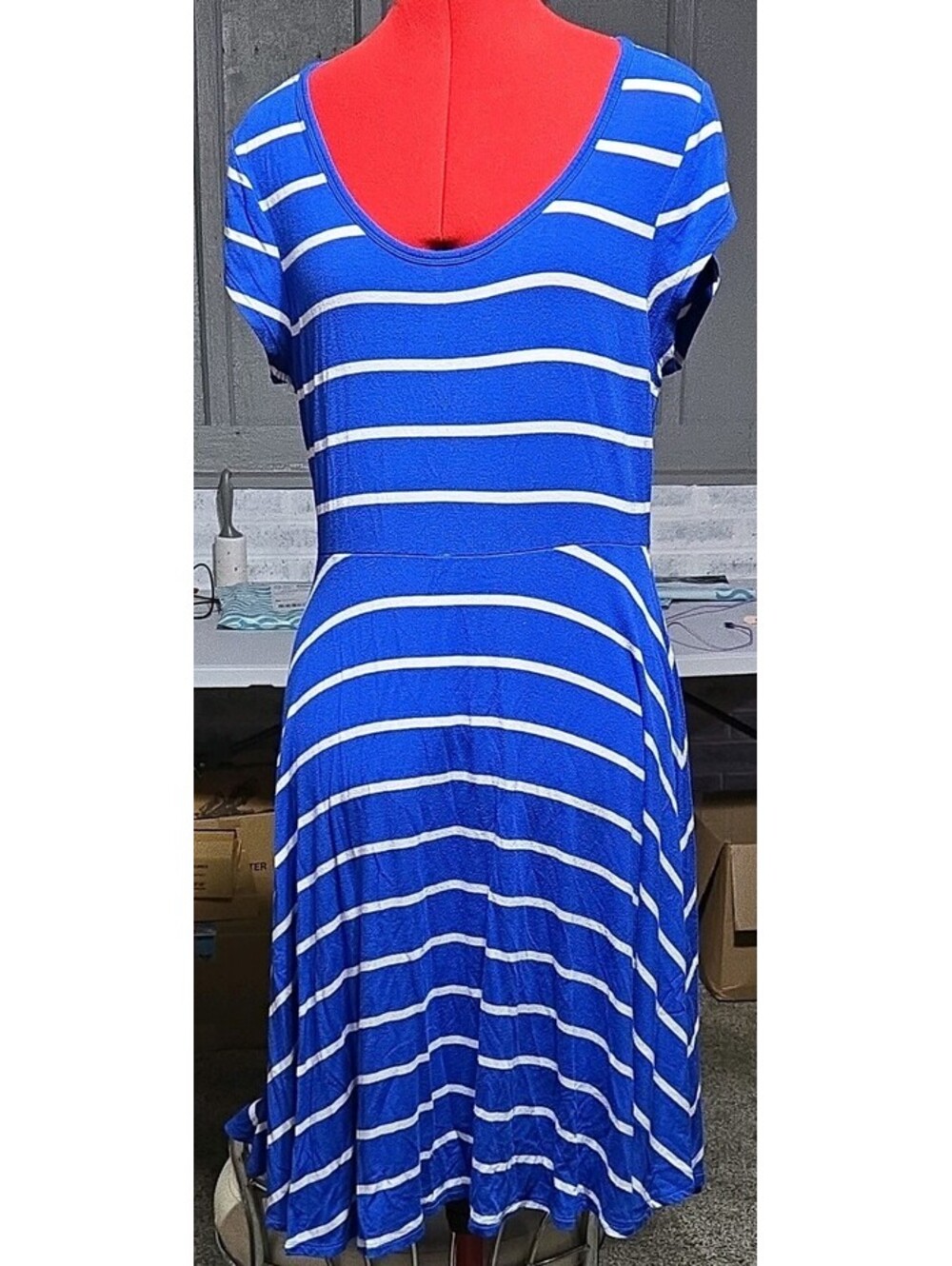 Old Navy Blue White Striped A-Line Knee Dress L Scoop Neck Short Sleeve